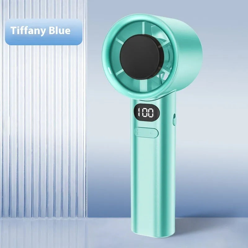A handheld USB rechargeable fan with variable speed control in green, khaki, silver, or white colour.