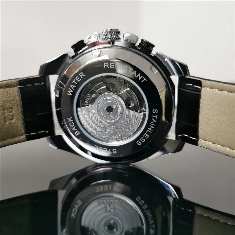 Automatic mechanical mens watch with silver stainless steel case and black dial