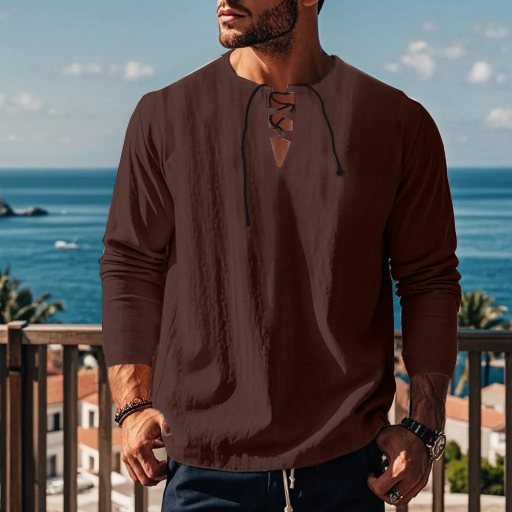 Men's solid colour cotton linen beach ruff pullover shirt in loose fit