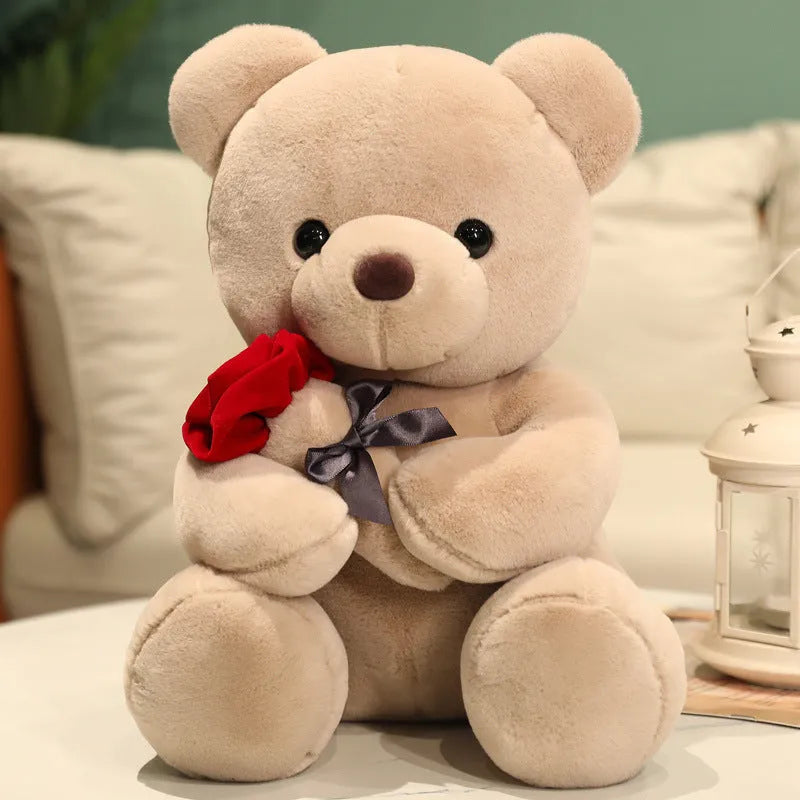 Soft plush Rose Bear teddy bear toy in beige, brown or grey, shown in sizes from 23cm to 45cm.