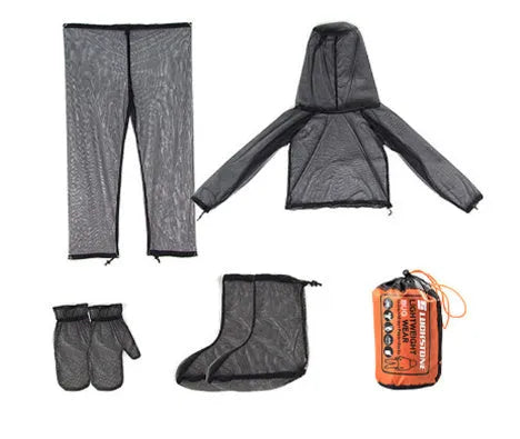 Four-piece anti-mosquito suit with hooded top, pants, and booties for outdoor summer activities