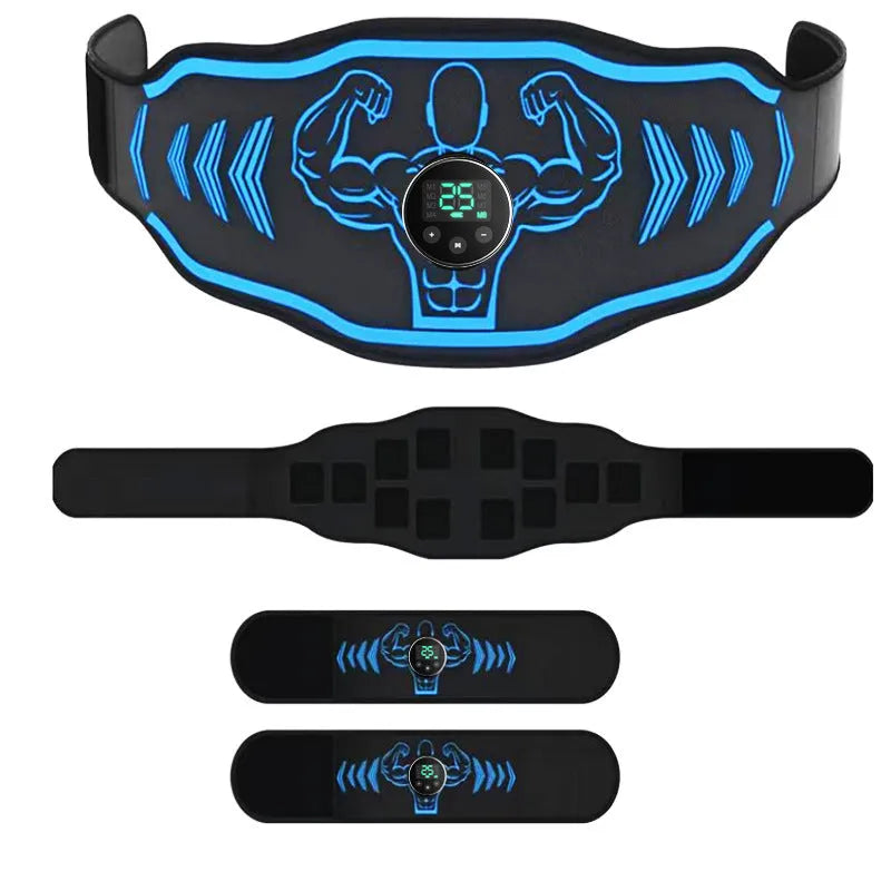 Smart EMS massage belt with orange or blue host unit, includes belt strap and arm stickers
