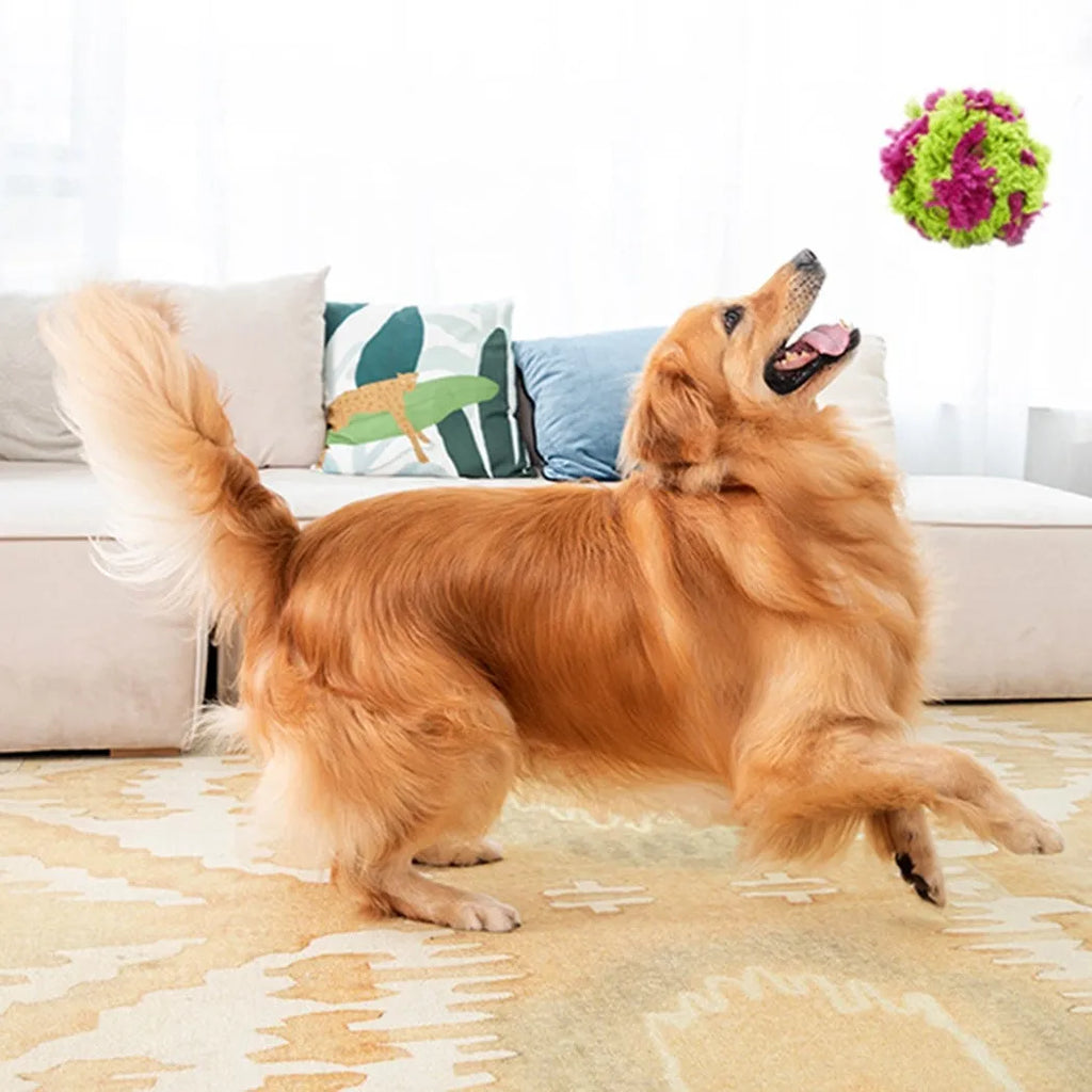 Purple plush dog chew ball seaweed design 15cm diameter