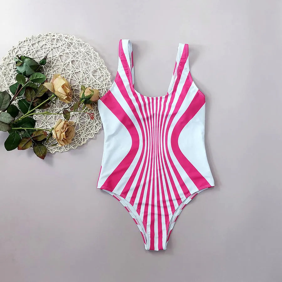 Pink striped one-piece swimsuit for women with front and rear digital printing.