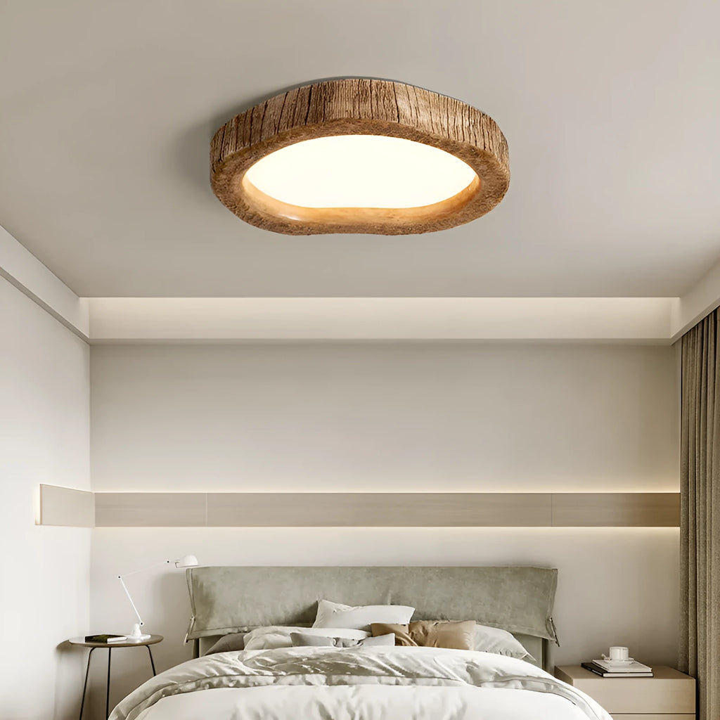 Round wood grain finish ceiling lamp in new Chinese style, shown in three diameter sizes.