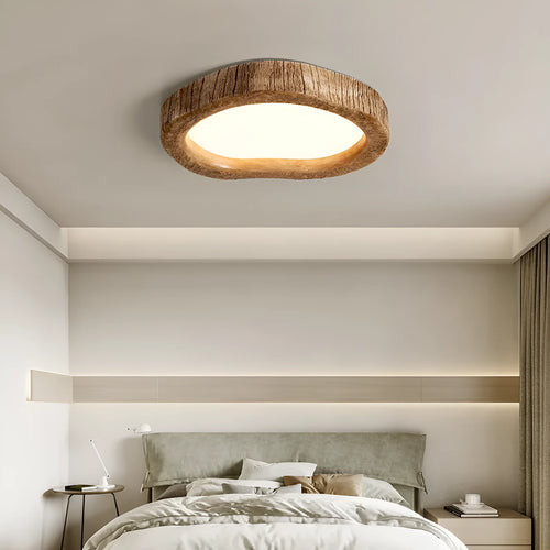 Round wood grain finish ceiling lamp in new Chinese style, shown in three diameter sizes.