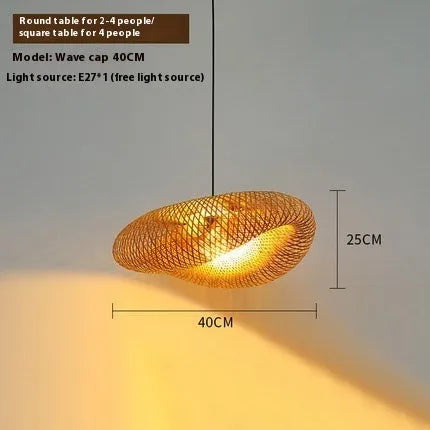 Bamboo straw hat-shaped hanging pendant lamp with natural woven shade for ceiling installation
