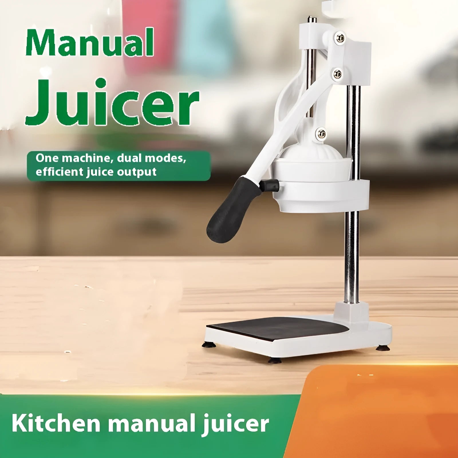 Manual stainless steel and nylon citrus juicer on a countertop, 480cm size with flat mould head.