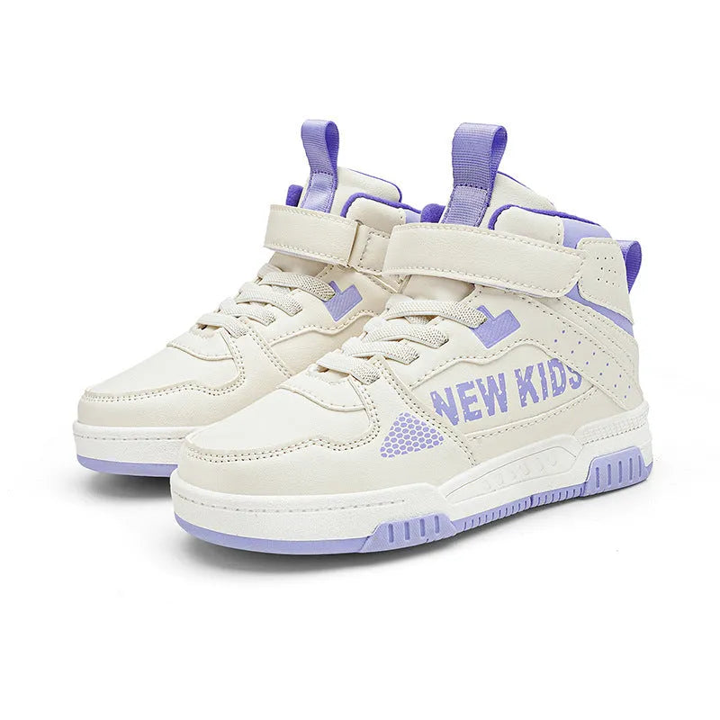 Children's PU street sneakers with rubber sole in beige green, blue, white powder, and white & purple colours