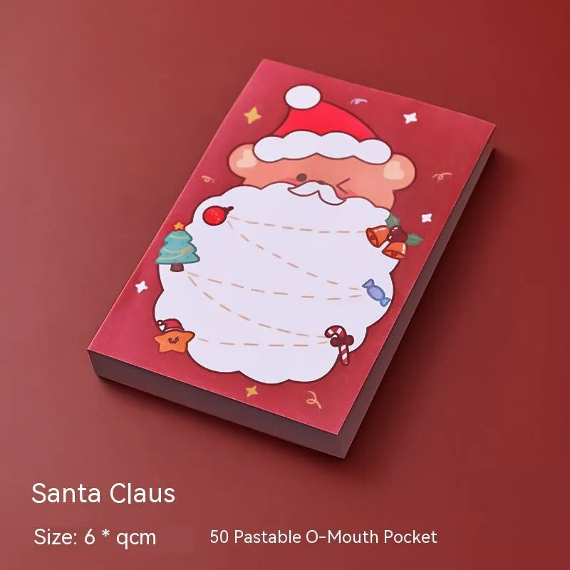Christmas cartoon sticky notes stationery book with holiday designs including elf, gift, sled and Santa Claus