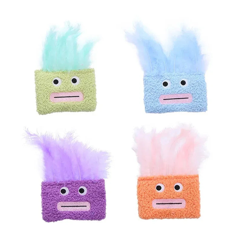 Colourful catnip plush toy with big mouth explosion head shape on a soft fabric body