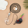 Interactive cat toy hanging from door frame with elastic rope, treat dispenser bulb, and dangling mouse accessory