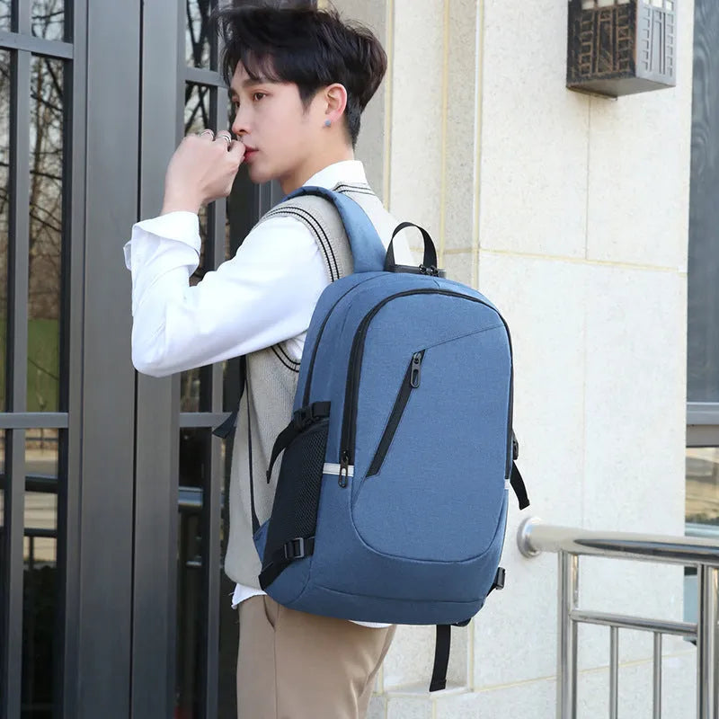 Street-style Oxford cloth backpack in blue colour showing front view with straps