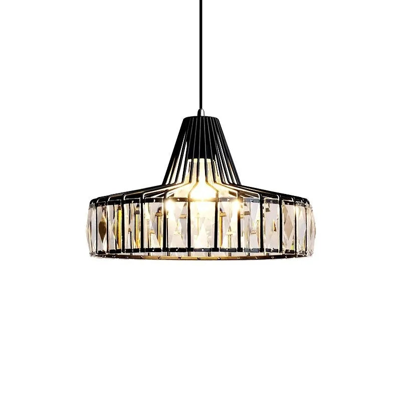 Modern crystal ceiling pendant lamp with LED lighting in gold finish showing crystal decorative elements