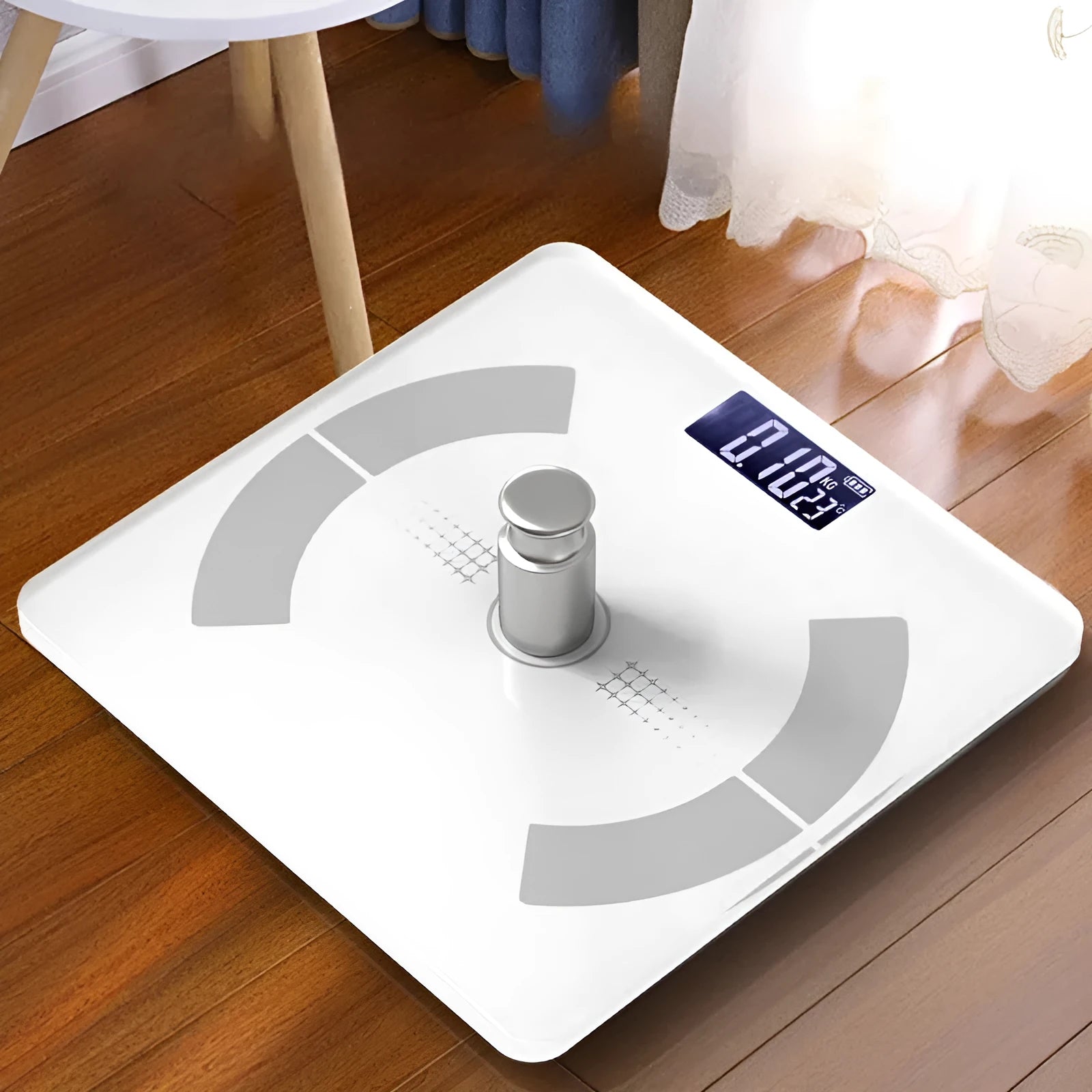 White smart Bluetooth body fat scale on bathroom floor showing digital display