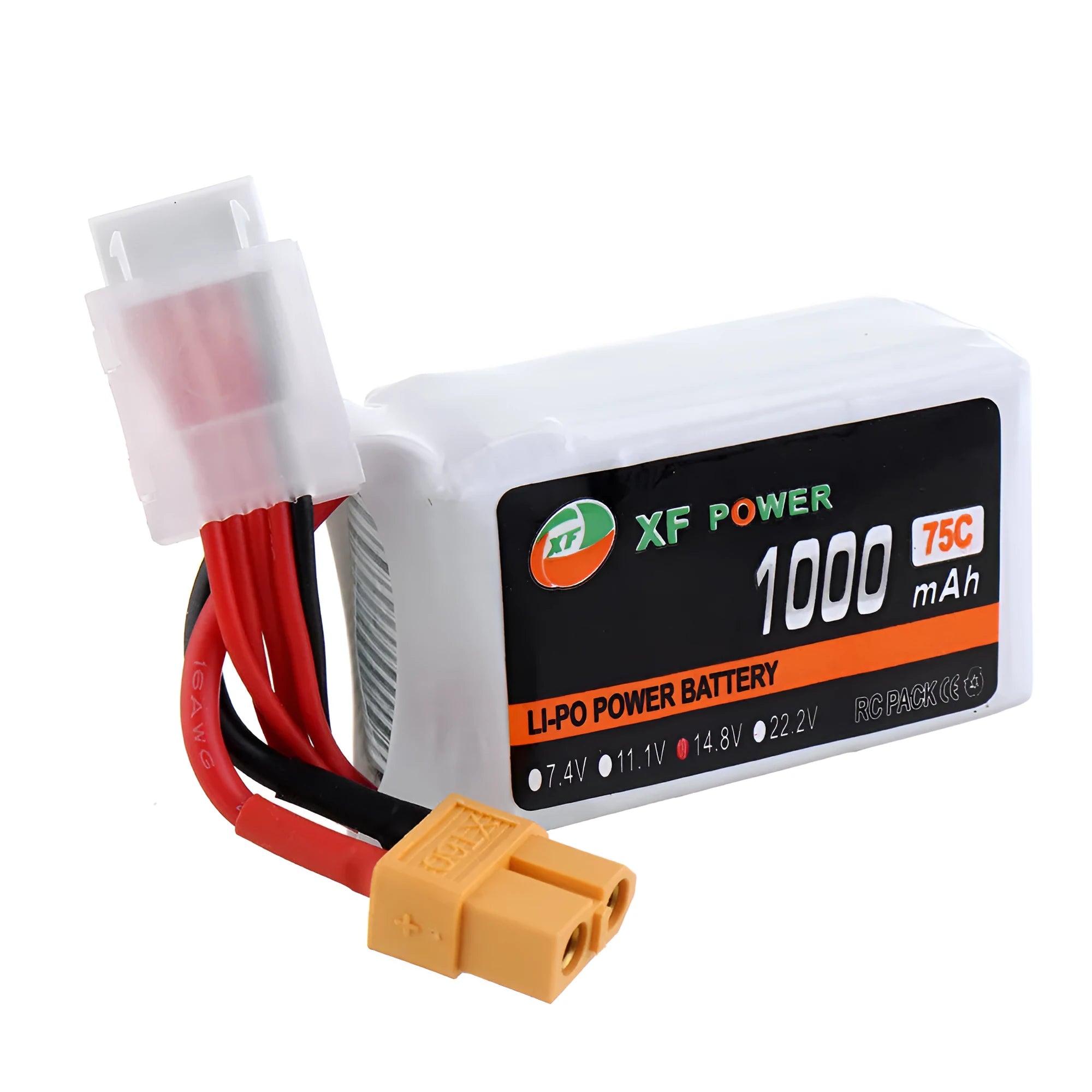 XF Power black 14.8V 1000mAh 75C graphene drone battery with red XT60 plug.