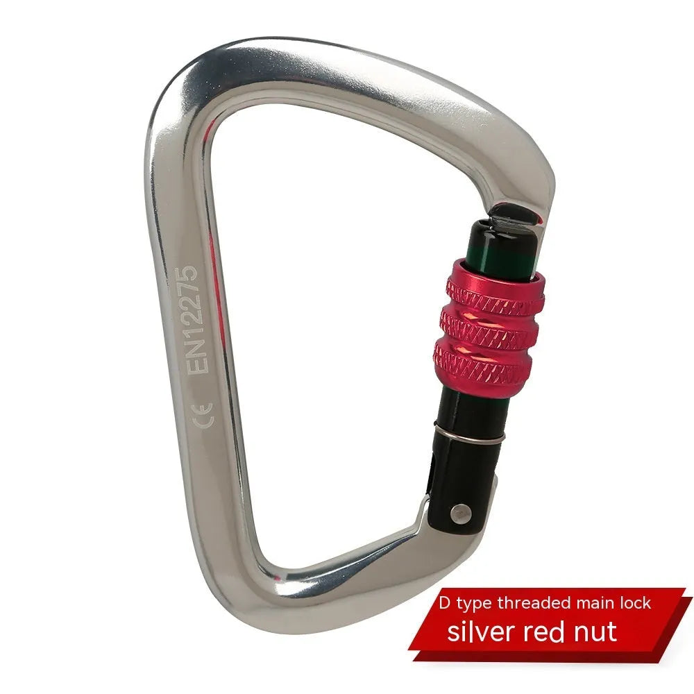 D-shaped climbing carabiner lock with automatic or threaded gate in colours: black, blue, orange, red, silver red.