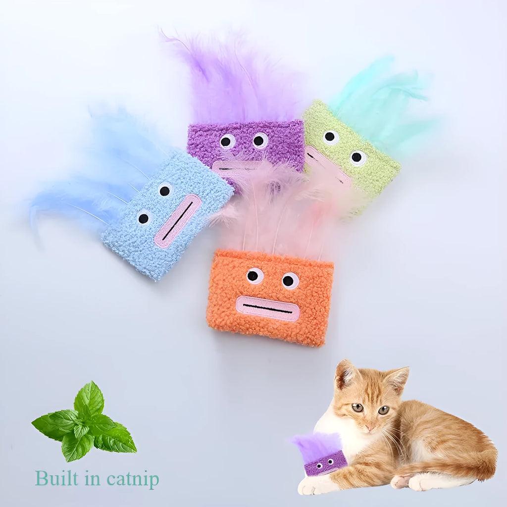 Colourful catnip plush toy with big mouth explosion head shape on a soft fabric body