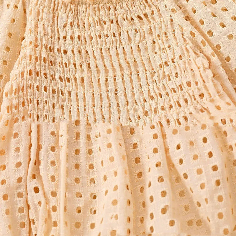 baby girl cotton mesh smocking long sleeve off shoulder two piece set apricot white 60-90cm