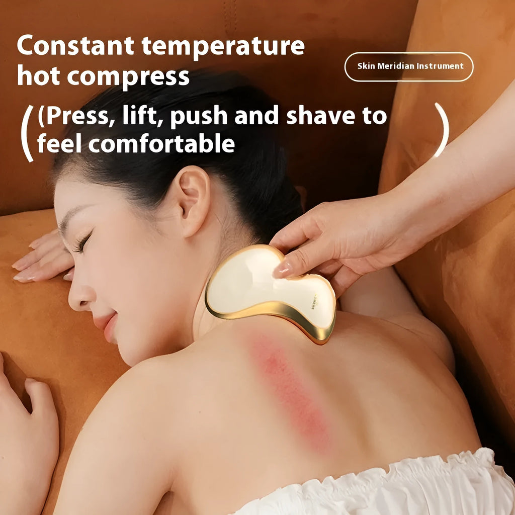Golden yellow USB-rechargeable electric scrapping plate with hot compress and vibration massage functions