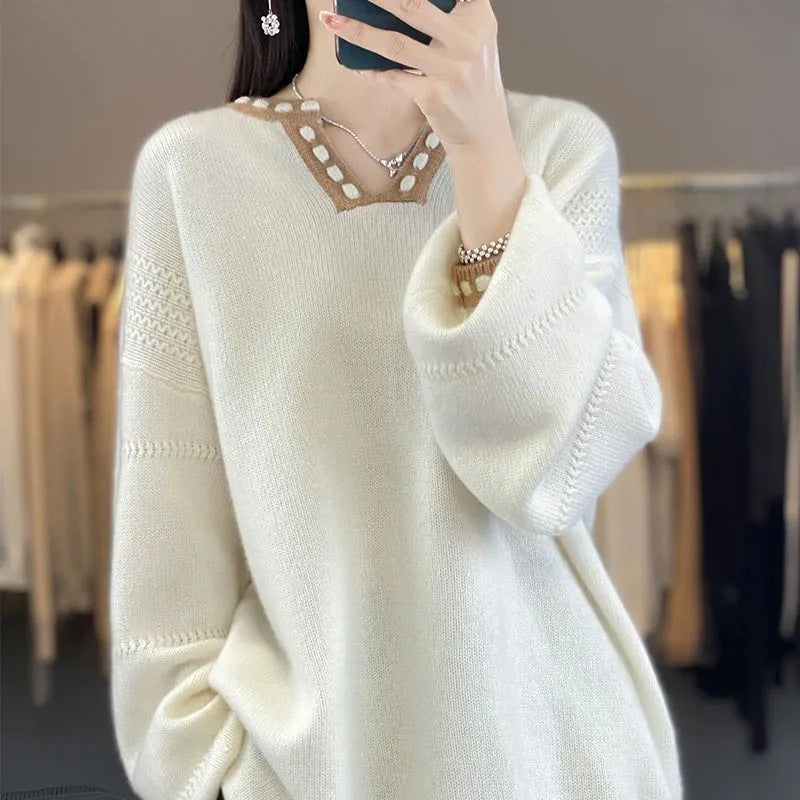 Women's v-neck viscose fibre sweater in camel colour with regular long sleeves