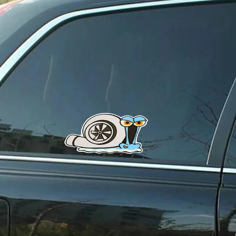 Reflective car bumper sticker with cartoon snail pattern measuring 12 by 8 centimetres