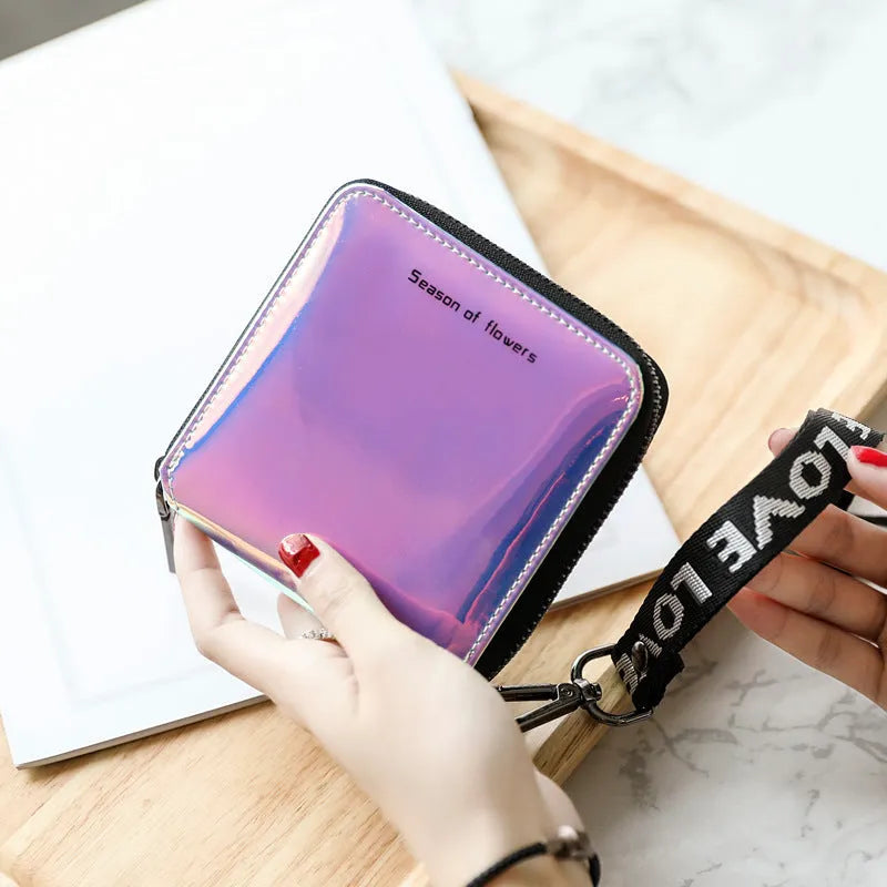 Korean style short folding women's wallet in PU leather with glitter colour options