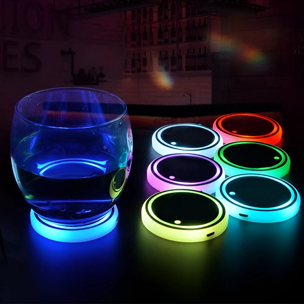 Colourful LED light-up acrylic coaster for car cup holders with control button and USB cable