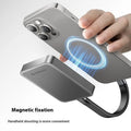 Grey magnetic mobile solid state drive with USB-C cable and magnetic suction ring.
