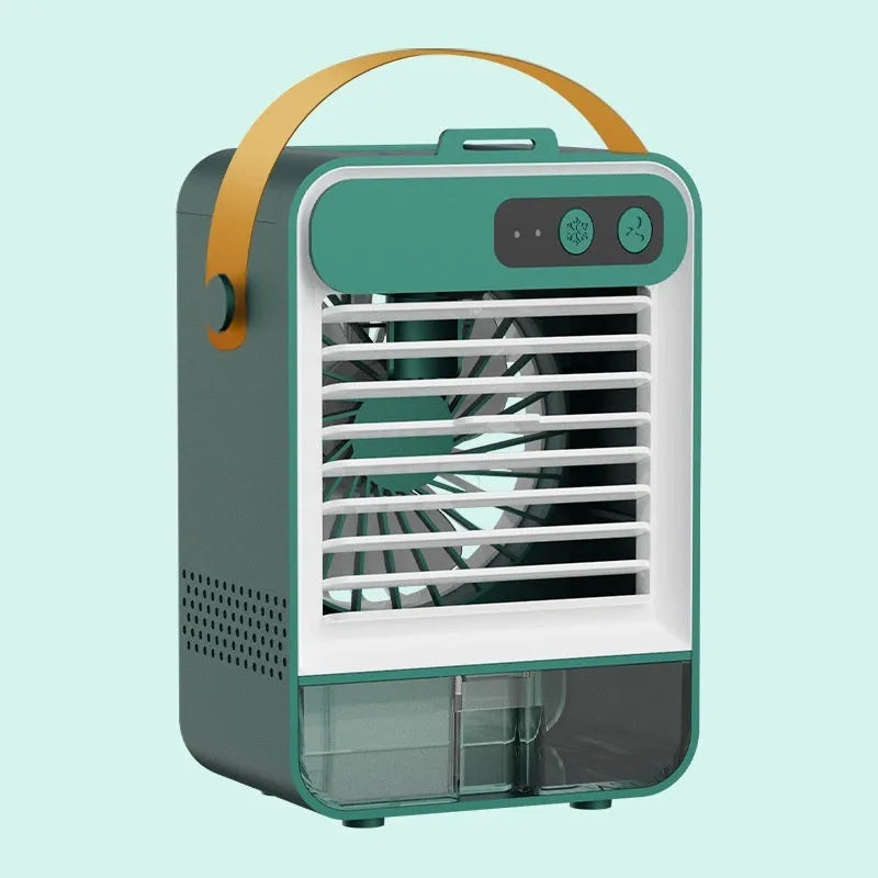 Dark green portable desktop fan with USB port and induction control on a wooden desk.