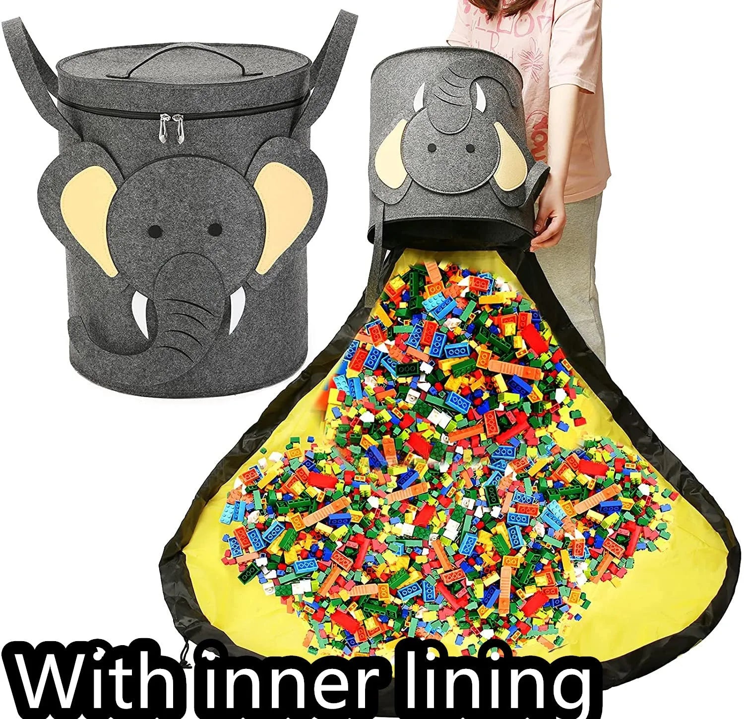 Green felt cube storage bag with a pull rope, laid flat as a play mat.