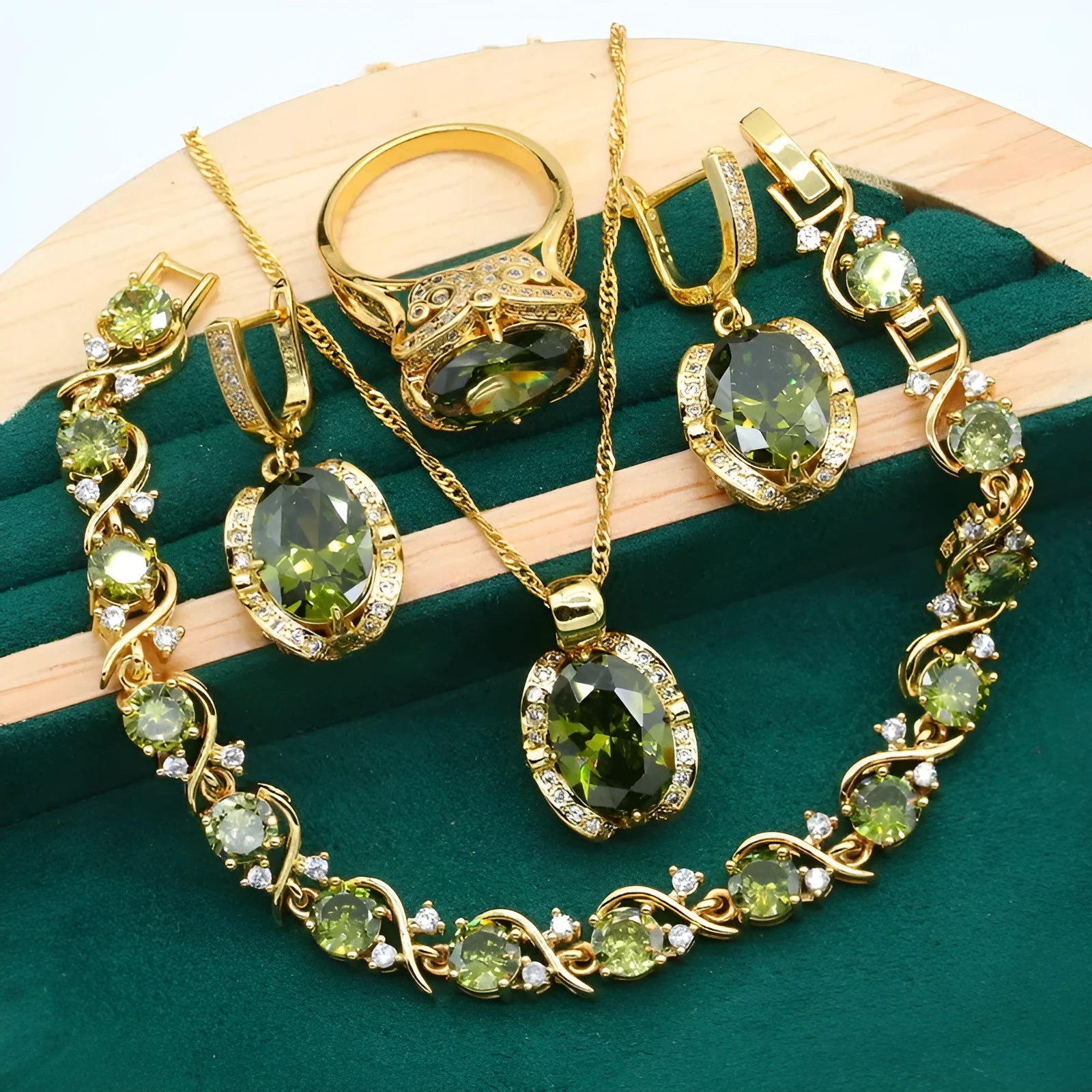 Full zircon women's jewellery suit with snake bones chain necklace, earrings, and ring in olive green or red electroplating