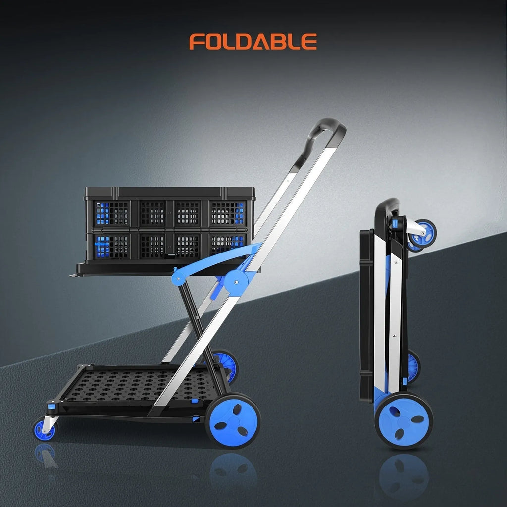 Blue foldable shopping cart with two plastic baskets and wheels, shown in an open, ready-to-use position.