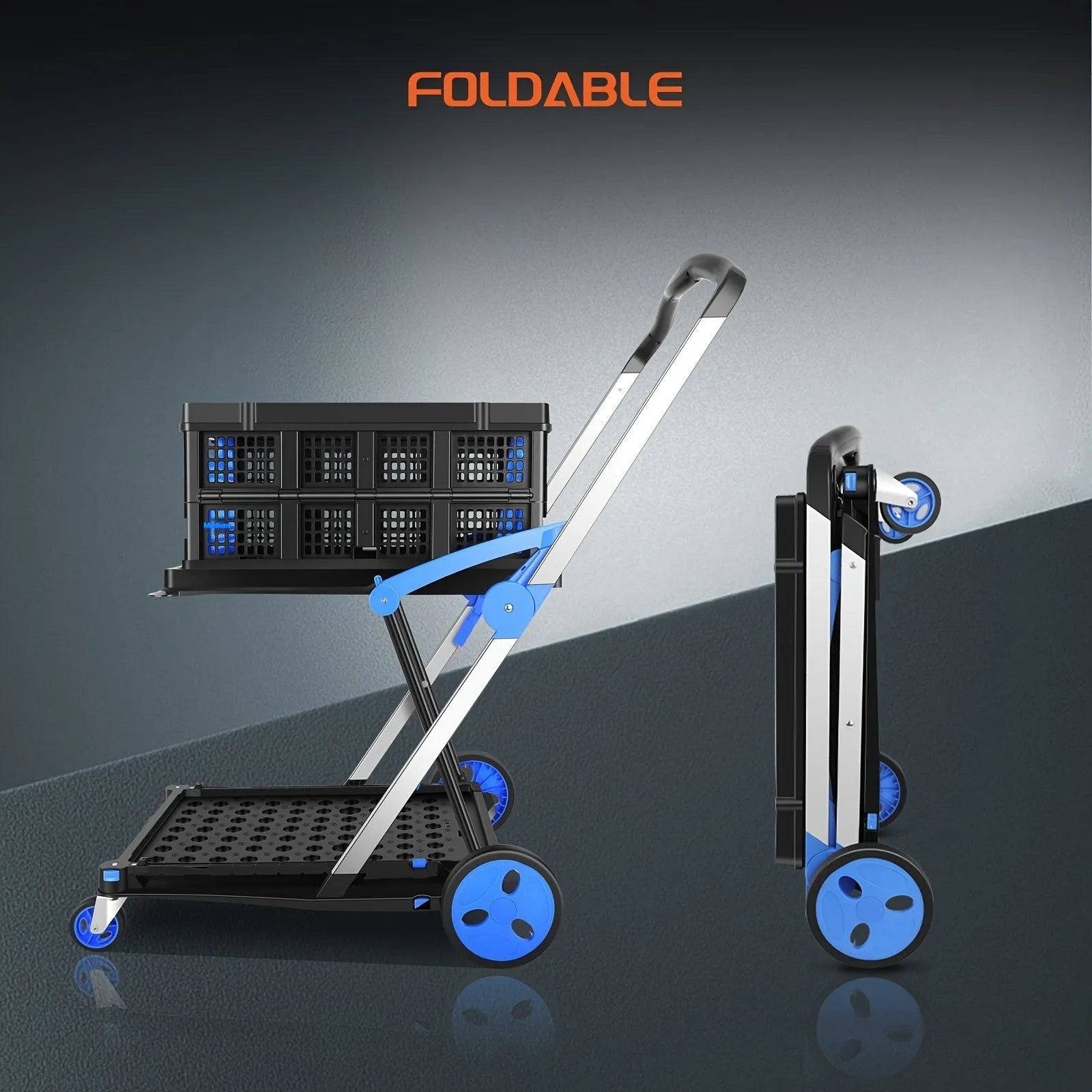 Blue foldable shopping cart with two plastic baskets and wheels, shown in an open, ready-to-use position.