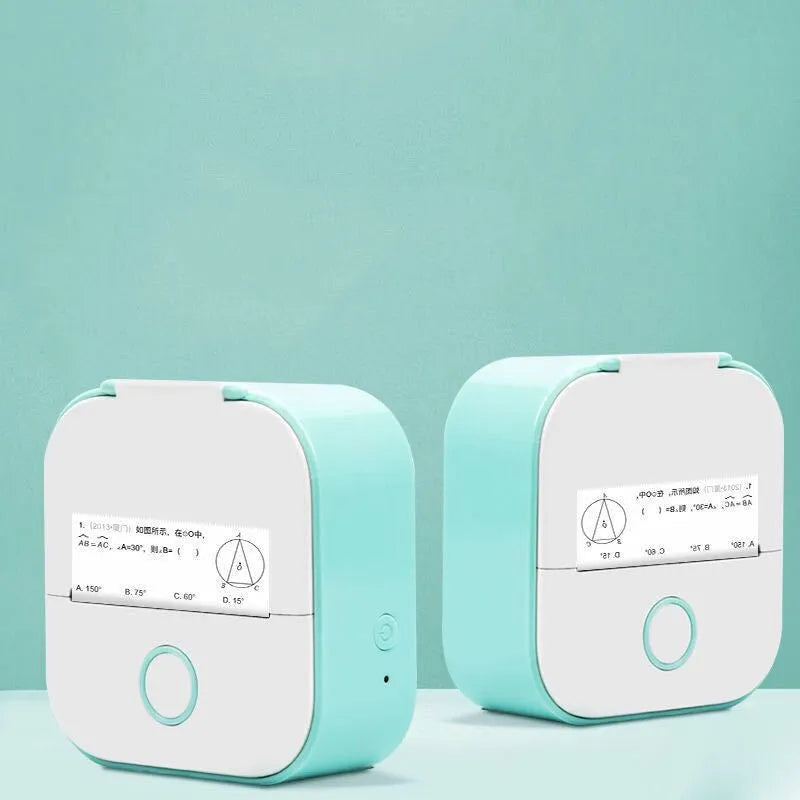 Phomemo T02 mini thermal label printer in white with Bluetooth icon and thermal paper roll, compact 87mm x 90mm x 40mm