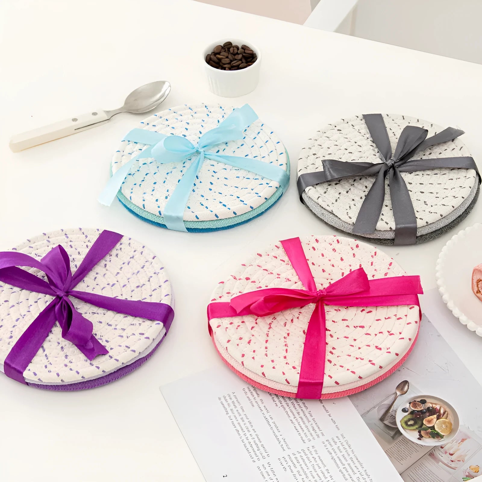 Three round cotton cord coasters in modern simplicity design with 18cm diameter