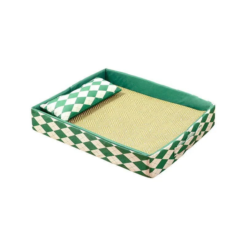 Blue woven rattan cat litter mat and bed showing texture and size scale