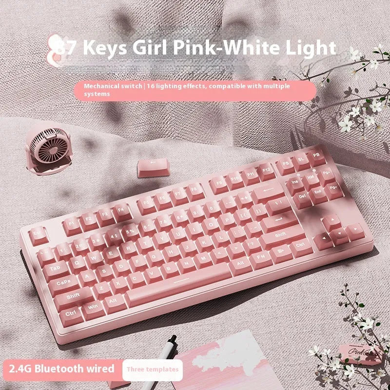 Triple-mode mechanical keyboard in various colour options showing 87-key and 108-key layouts