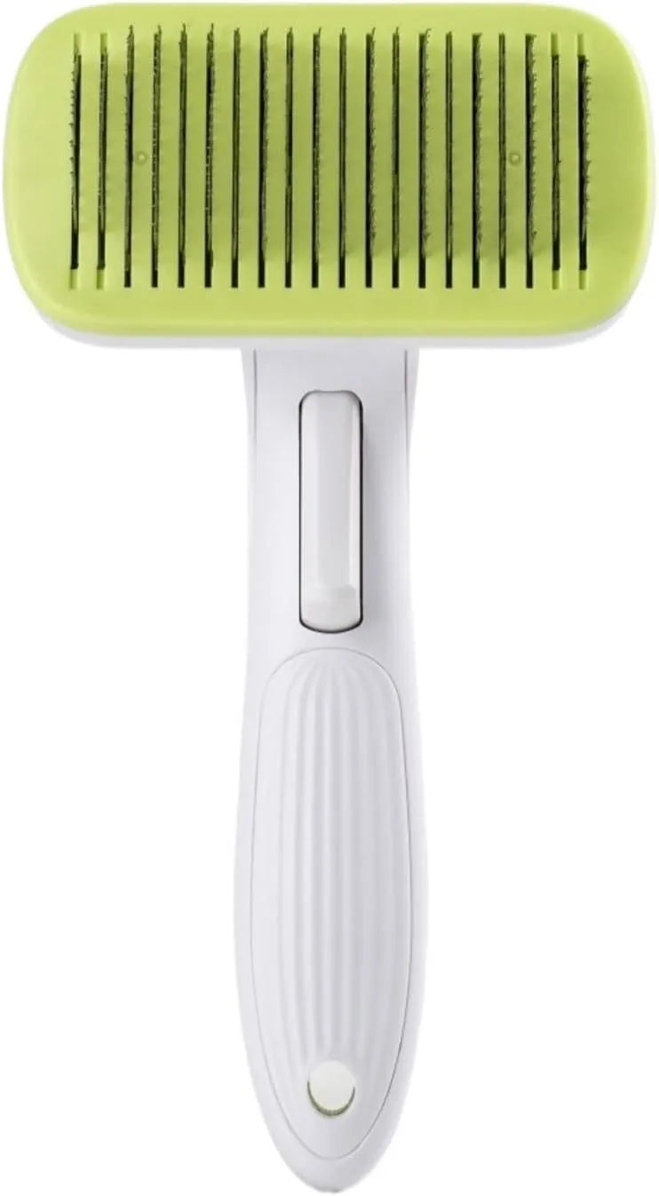Automatic pet hair removal comb for dogs and cats in blue, grey, green, or pink with one-click needle technology