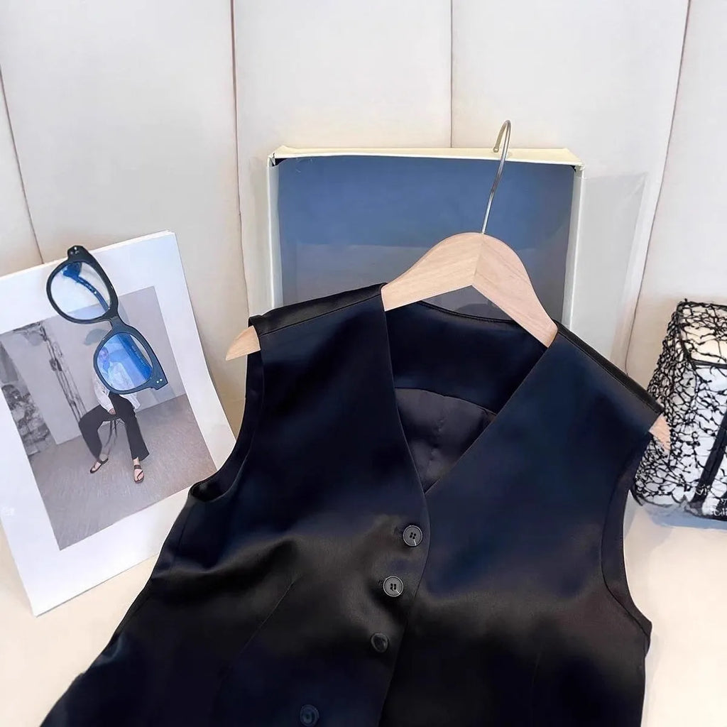 Black satin ladies' sleeveless vest with loose fit and splicing detail on a hanger.