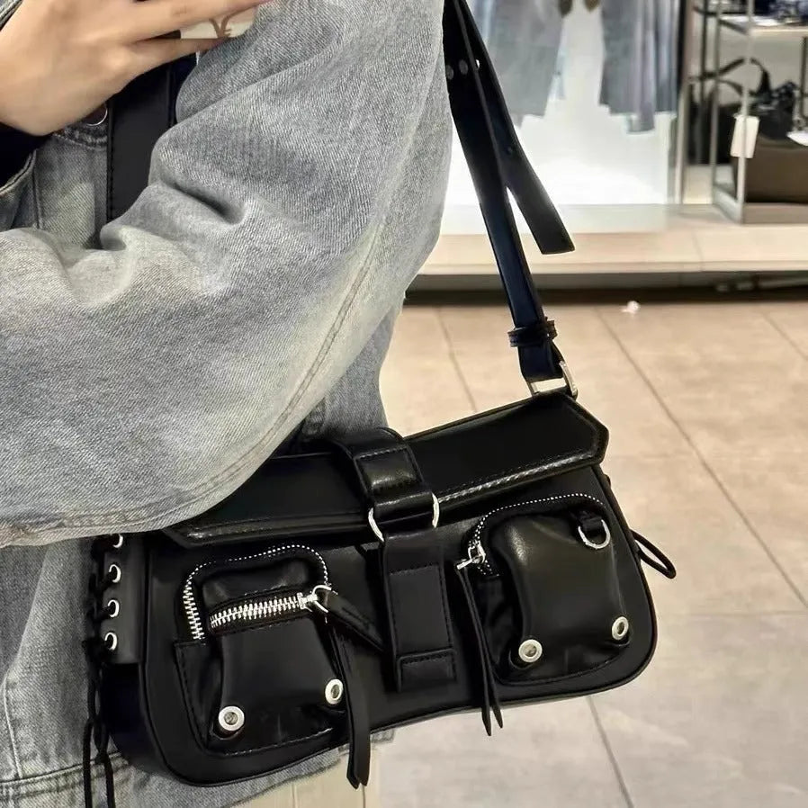 Black PU women's baguette shoulder bag with adjustable strap showing compact rectangular shape