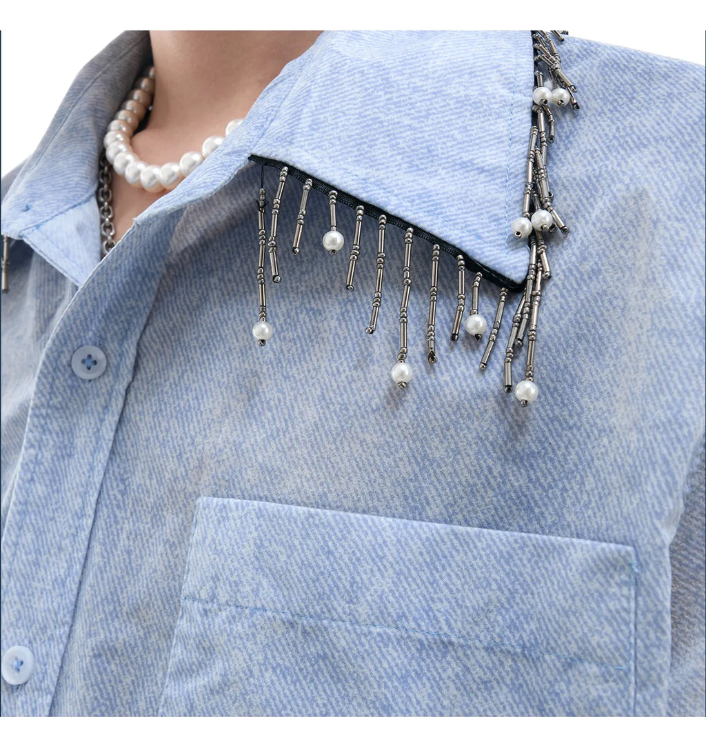 Men's blue and white gradient loose fit shirt with quilted texture and short sleeves