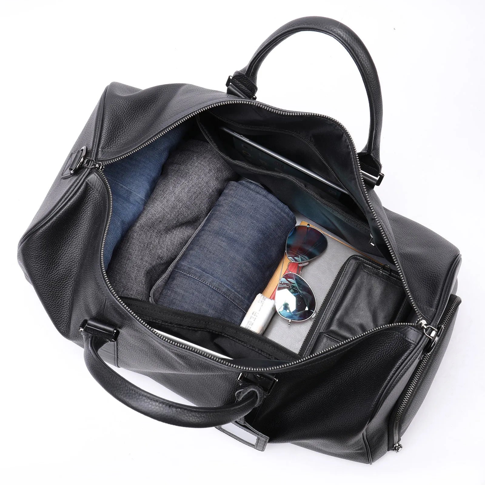 Men's black leather tote bag with single strap showing 44cm and 55cm size options