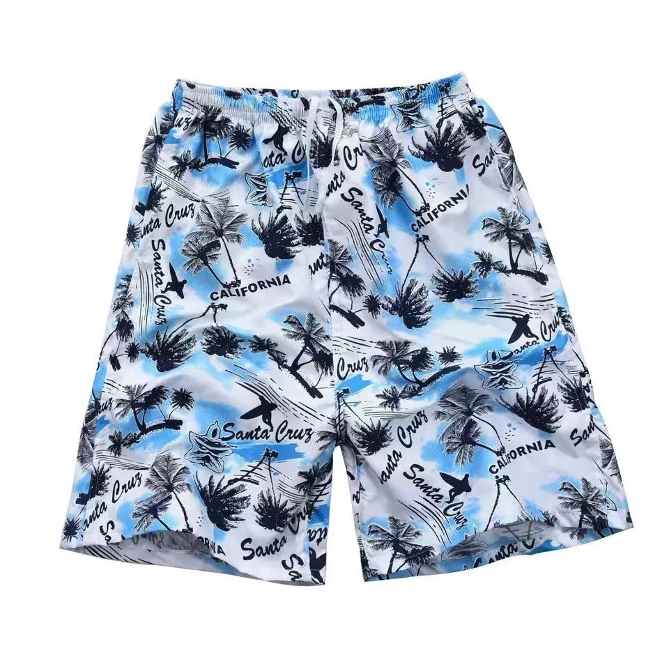 Men's floral printed swimming trunks with five-point design in quick-dry polyester material