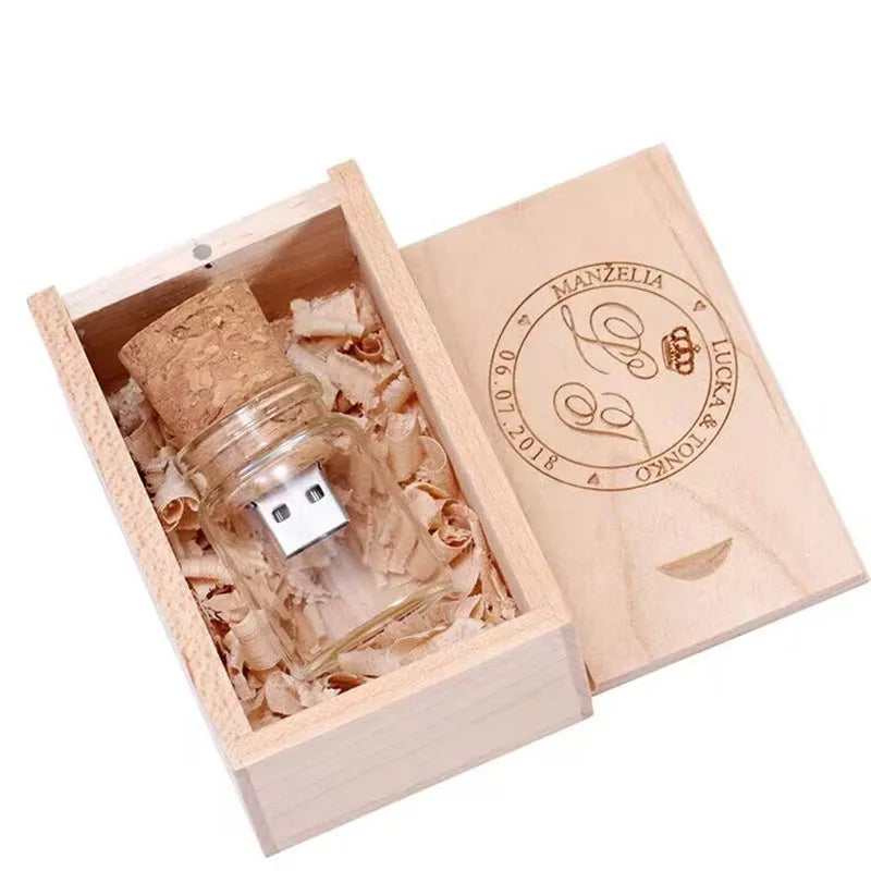 Transparent wooden wish bottle USB drive showing internal wood element, 60mm long.