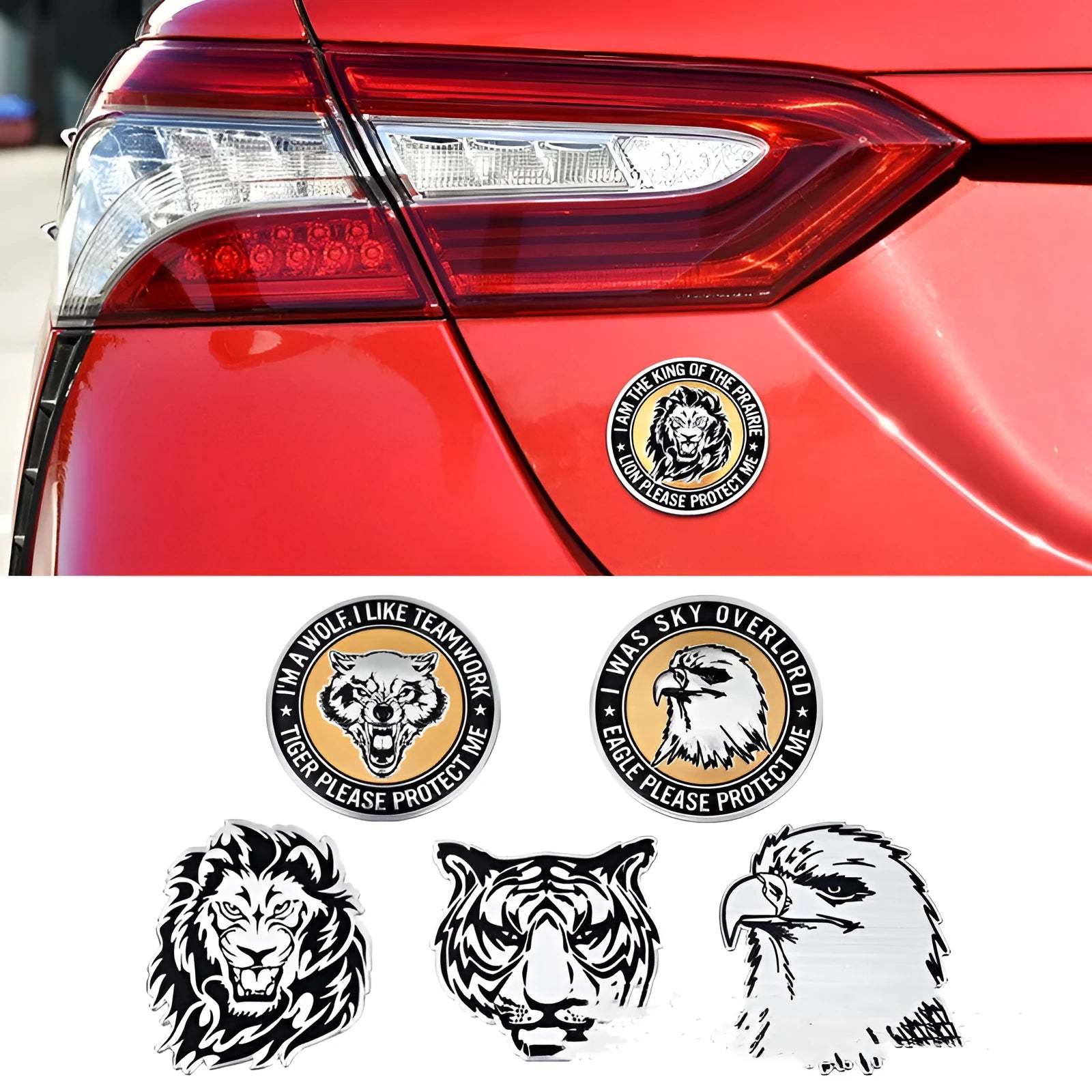 Aluminium car body sticker in animal designs like lion, eagle, and wolf for vehicle personalisation.