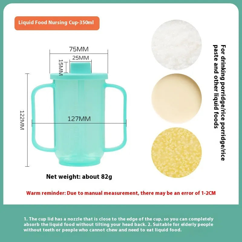PP plastic anti-choke drinking cup with slanted mouth, handle, and lid for bed care.