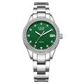 Women's silver fashion watch with diamond bezel, luminous hands and round dial
