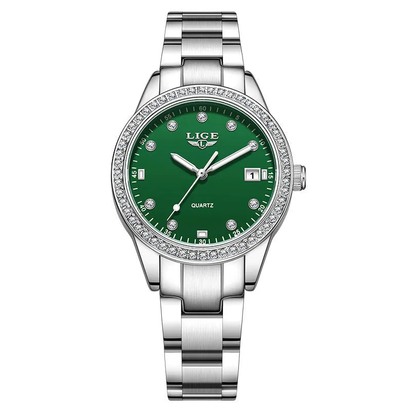 Women's silver fashion watch with diamond bezel, luminous hands and round dial
