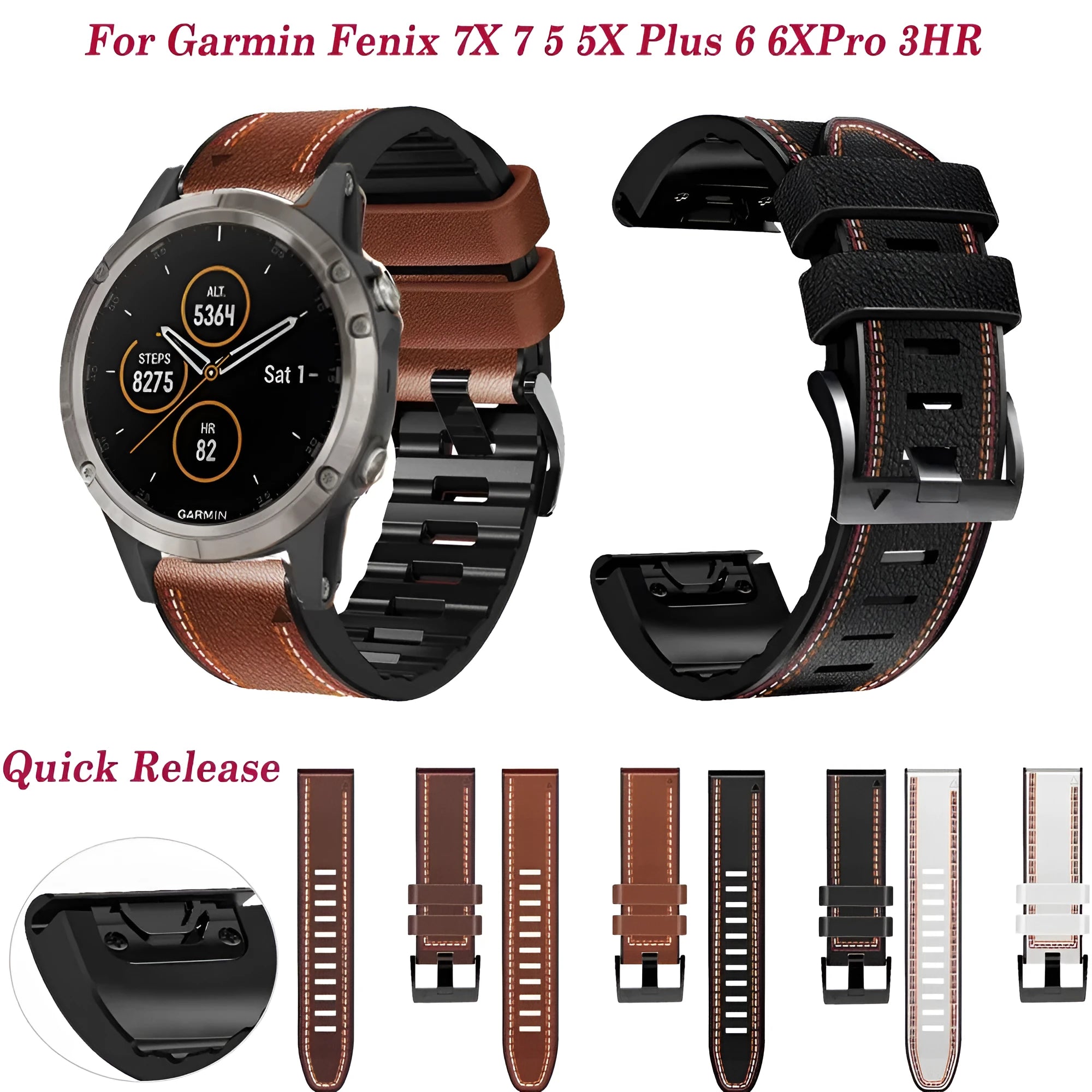 Silicone quick-release watchband for Garmin Fenix smartwatch in black, brown, light brown, or white